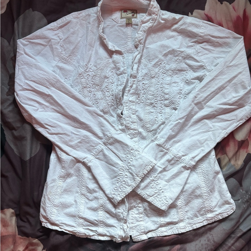 Scully White Floral Embroidered Shirt
